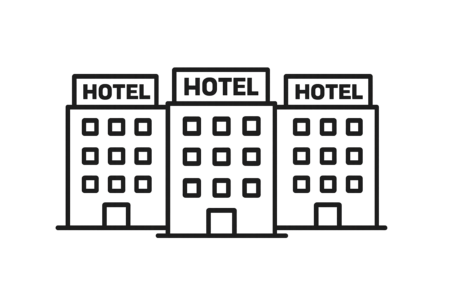 simple outline, no shading, transparent background. Generate a Minimal black and white line icon of three identical hotel buildings side by side, symbolizing generic sameness. Flat vector style, clean, modern, luxury aesthetic