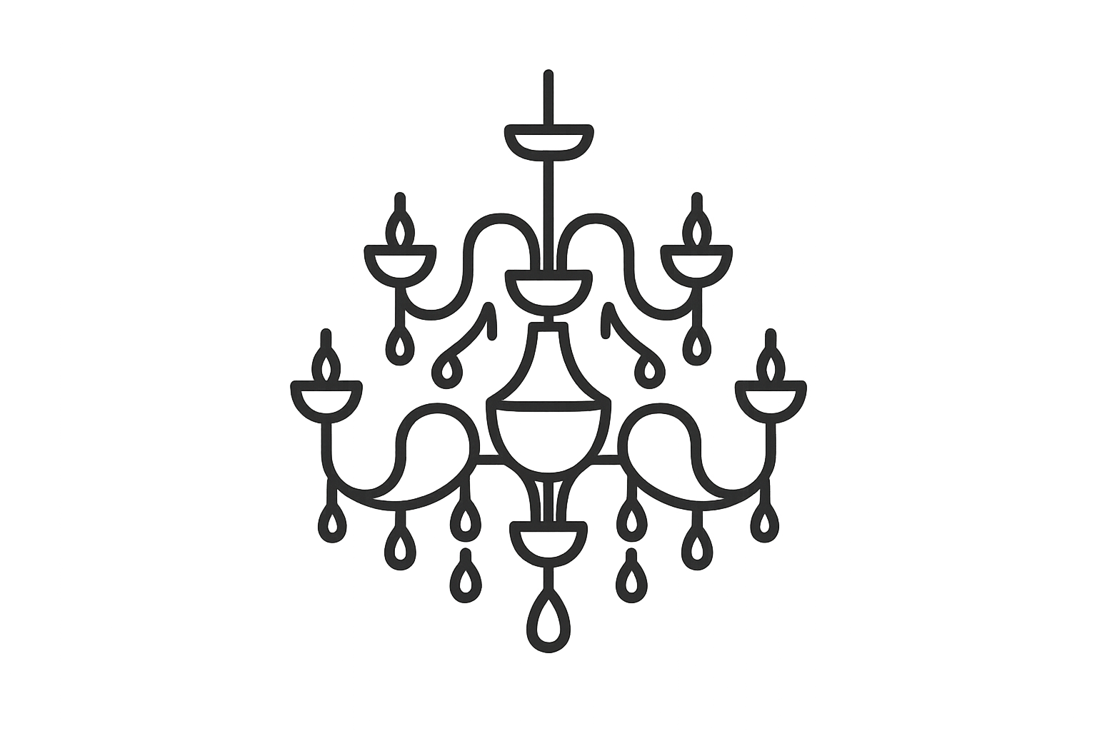 simple outline, no shading, transparent background. Generate at 1024×1024 a Minimal black and white line icon of an ornate chandelier, symbolizing expensive cover-ups. Flat vector style, clean, modern, luxury aesthetic