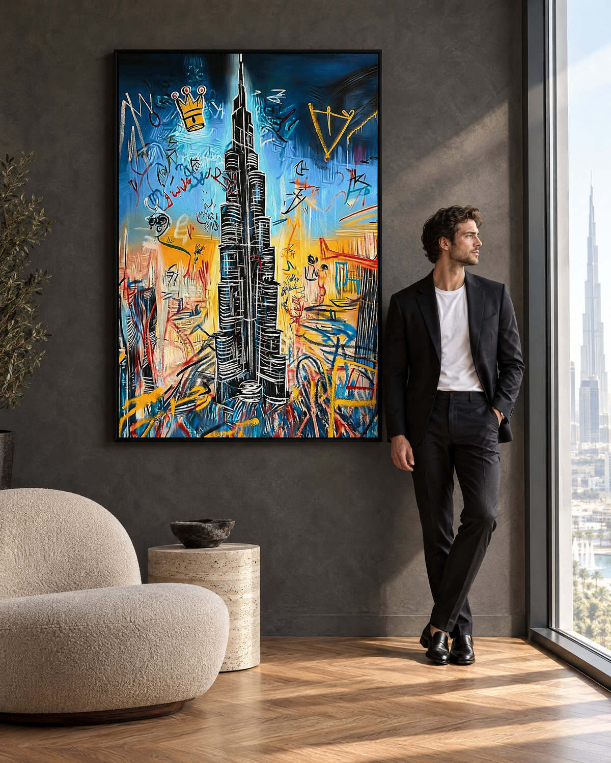 Basquiat x Dubai canvas in a villa living room