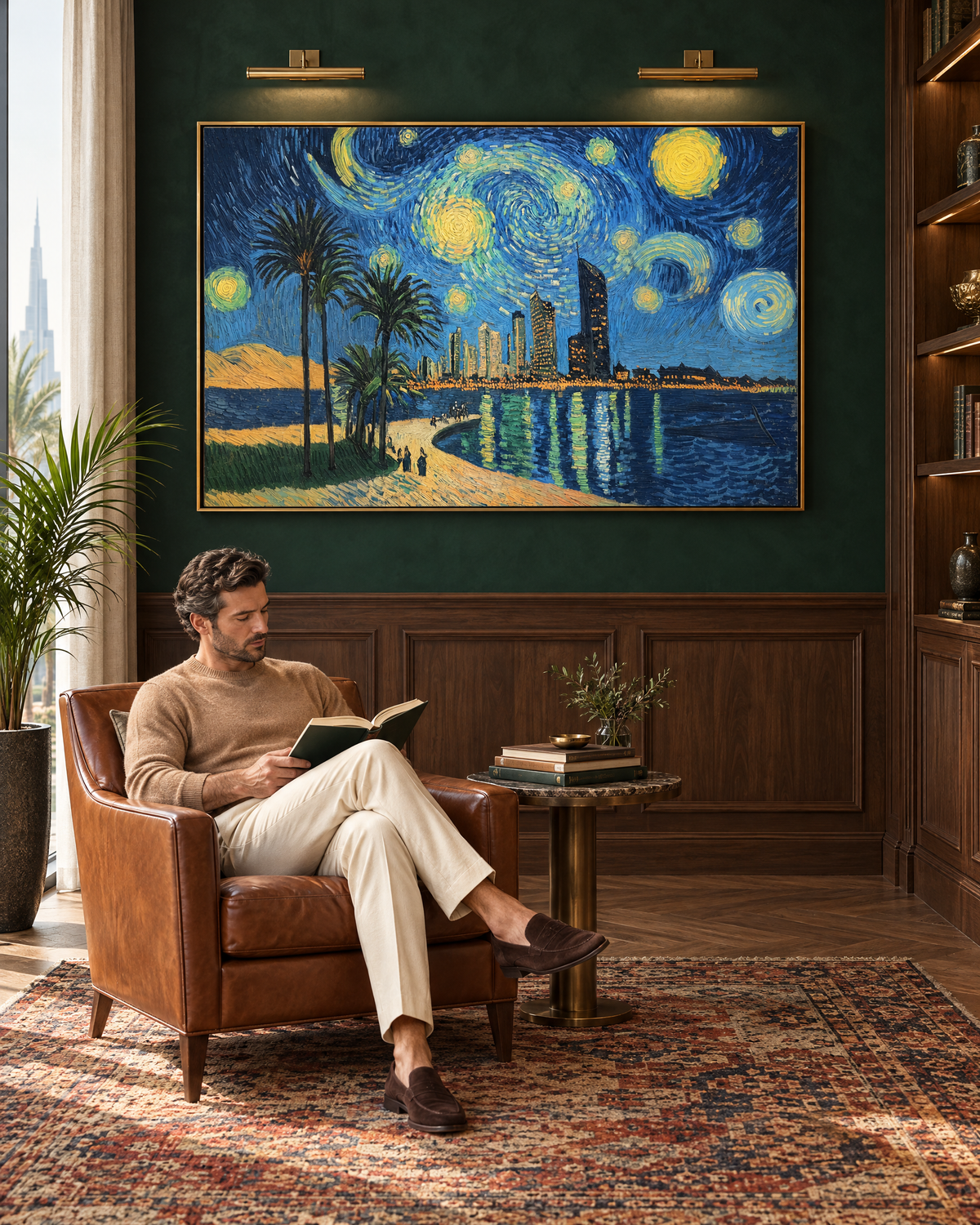Van Gogh x Dubai canvas in a villa library lounge