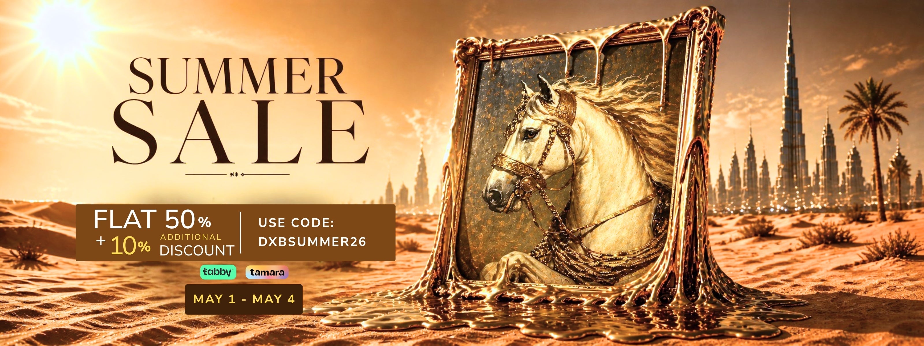 Summer sale advertisement with a horse painting in a desert setting