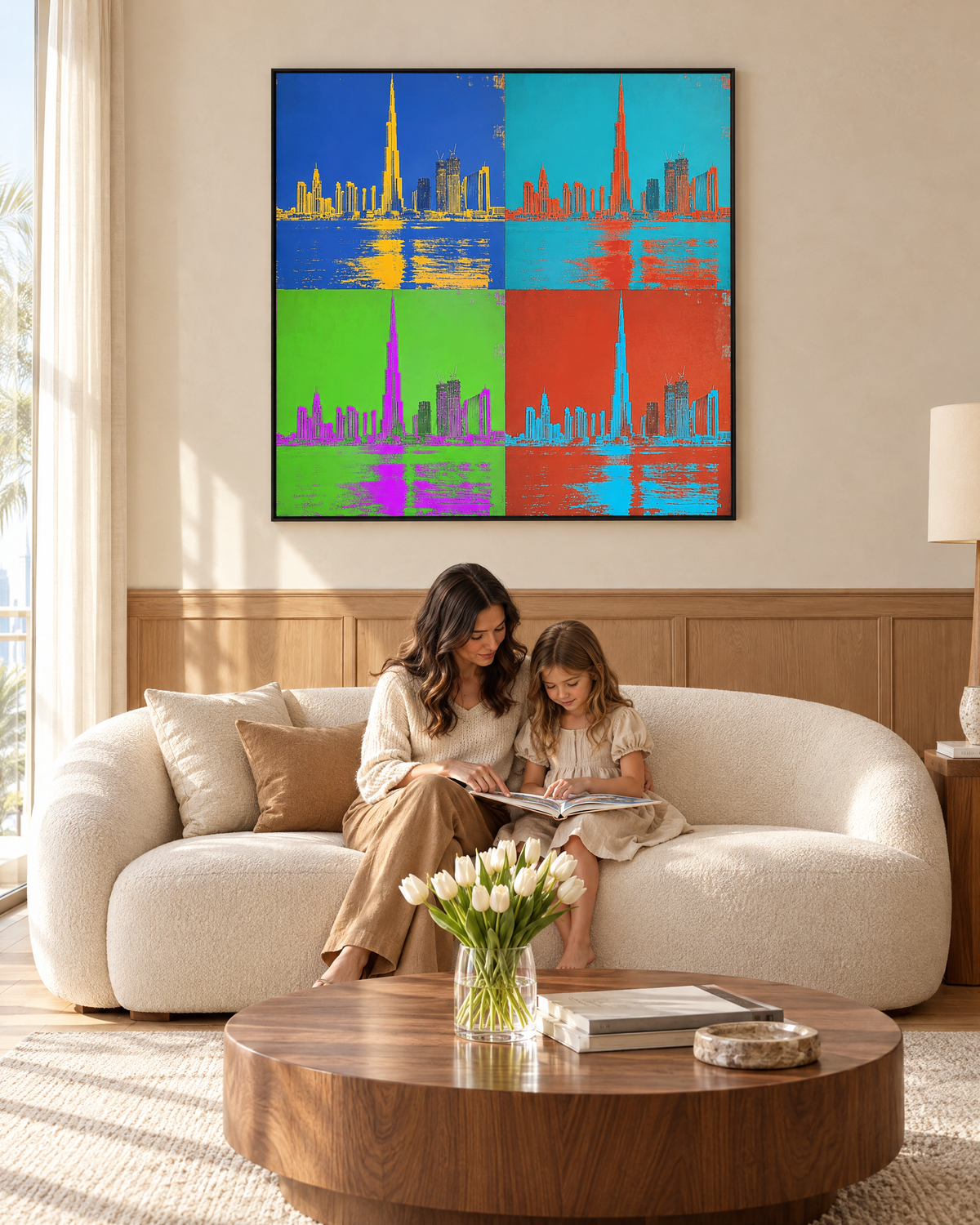 Warhol x Dubai canvas in a villa family living room